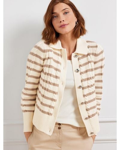 Talbots Cable Knit Collared Cardigan Sweater - Natural