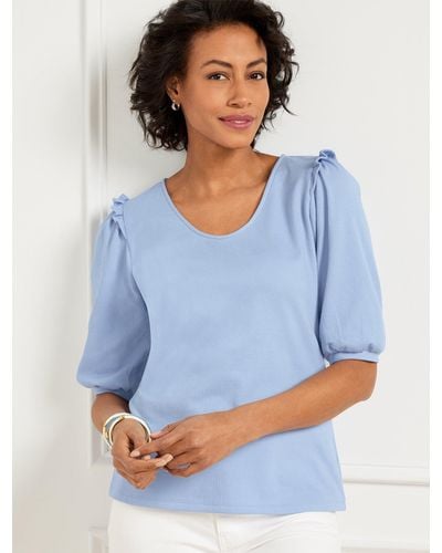 Talbots Ruffle Shoulder Voop Neck T-shirt - Blue