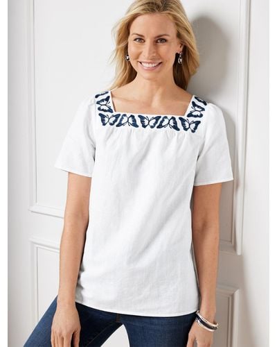Talbots Butterfly Embroidered Linen Cotton Square Neck Top - White