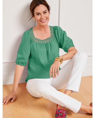 Talbots Lace Trim Square Neck Top - Green