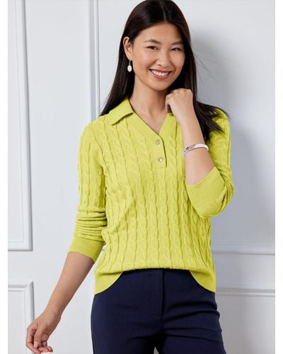 Talbots Cable Knit Johnny Collar Jumper - Yellow
