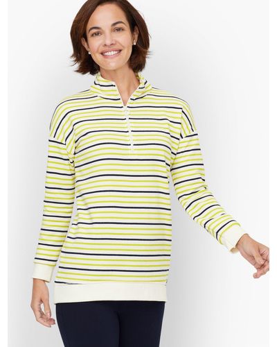 Talbots Stripe Classic French Terry Half Zip Pullover Sweater - Natural
