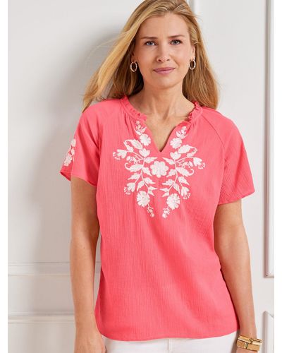 Talbots Embroidered Gauze Ruffle Neck Top - Pink
