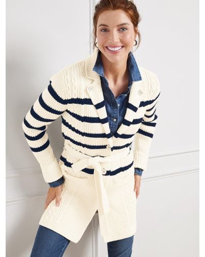 Talbots Stripe Cable Stitch Trench Cardigan Sweater - Natural