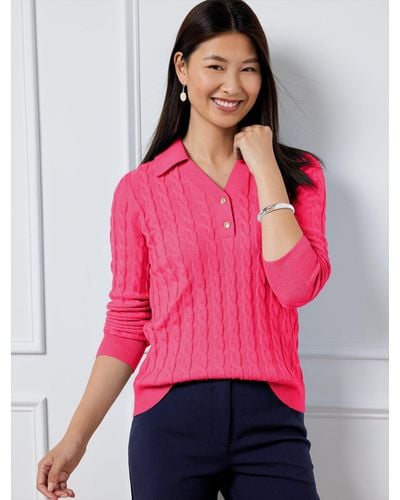 Talbots Cable Knit Johnny Collar Sweater - Pink