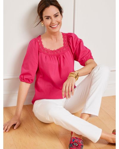 Talbots Lace Trim Square Neck Top - Pink