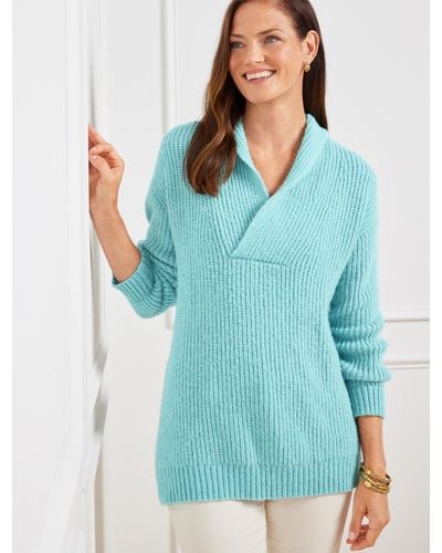 Talbots Shawl Collar Shaker Stitch Pullover Sweater - Blue