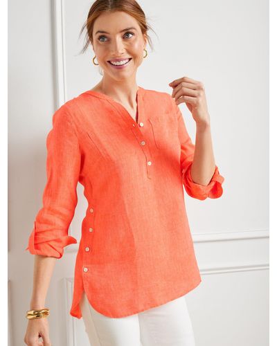 Talbots Side Button Linen Band Collar Popover Shirt - Orange