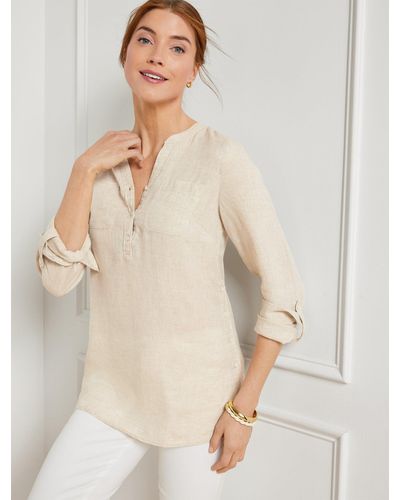 Talbots Side Button Linen Band Collar Popover Shirt - Natural