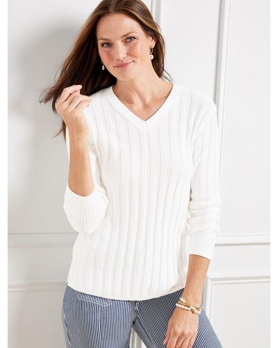 Talbots Ribbed V-neck Sweater - White