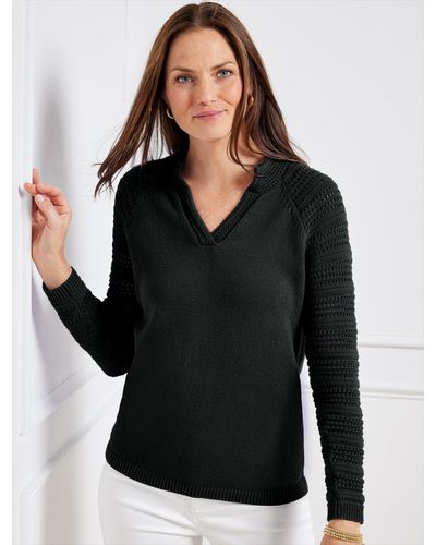 Talbots Crochet Split Neck Sweater - Black