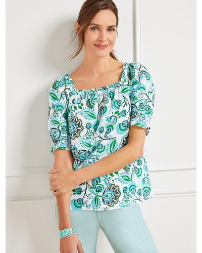 Talbots Graceful Floral Ruffle Square Neck Top - Blue