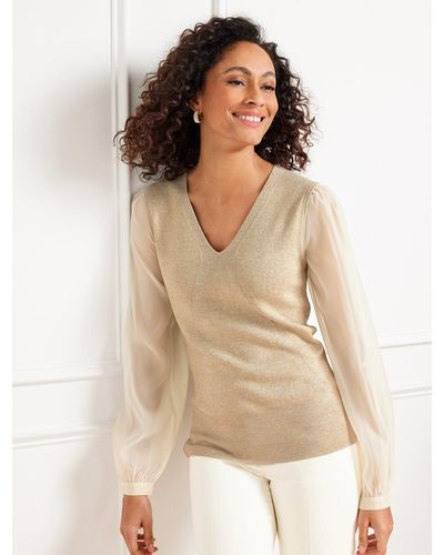 Talbots Metallic Woven Sleeve V-neck Pullover Sweater - Natural