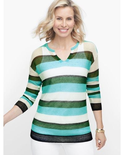 Talbots Split Neck Mesh Stripe Sweater - Green