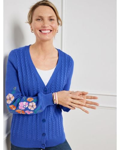Talbots Embroidered Cable Knit Cardigan Sweater - Blue