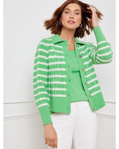 Talbots Cable Knit Collared Cardigan Sweater - Green