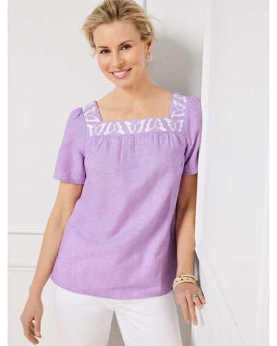 Talbots Butterfly Embroidered Linen Cotton Square Neck Top - Purple