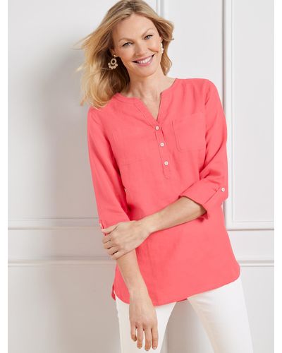 Talbots Side Button Linen Band Collar Popover Shirt - Pink