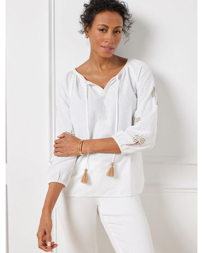 Talbots Palm Embellished Linen Cotton Popover Shirt - White