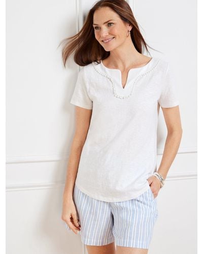 Talbots Lace Trim Split Neck T-shirt - White