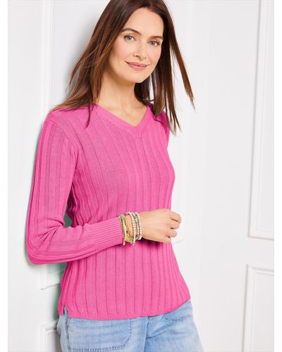Talbots Ribbed V-neck Sweater - Pink