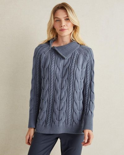 Talbots Side Zip Cable Knit Jumper - Blue