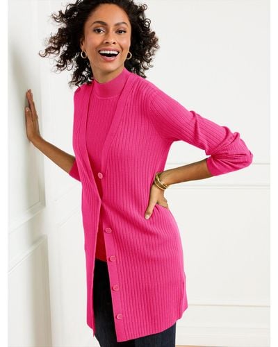 Talbots Ribbed V-neck Cardigan Sweater - Pink
