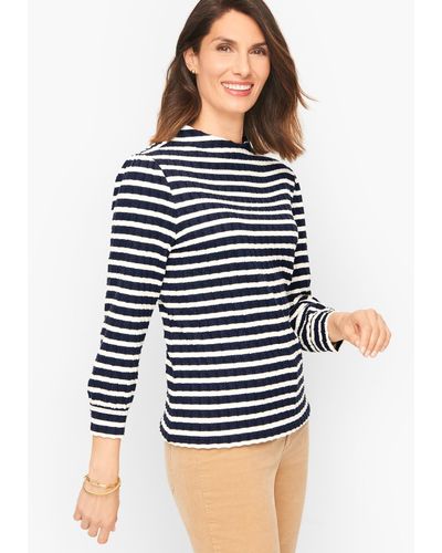 Talbots Stripe Jacquard Funnel Neck Pullover Sweater - Blue