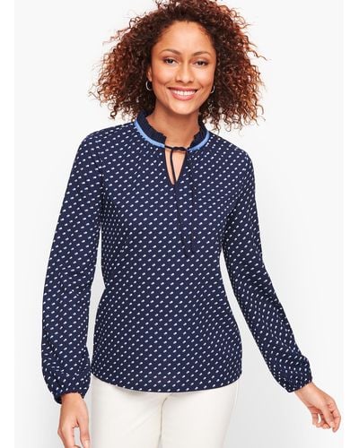 Talbots Pleated Tie Neck Top - Blue