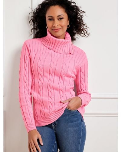Talbots Cable Knit Zip Cowl-neck Sweater - Pink