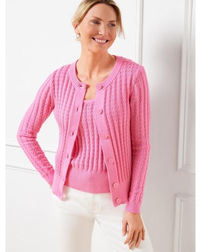Talbots Textured Crewneck Cardigan Sweater - Pink