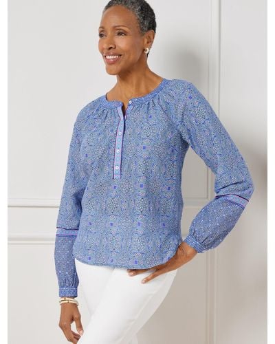 Talbots Stained Glass Medallion Band Collar Popover Shirt - Blue