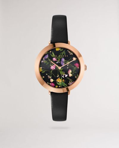 Ted Baker Floral Print Watch With Leather Strap - Metallic