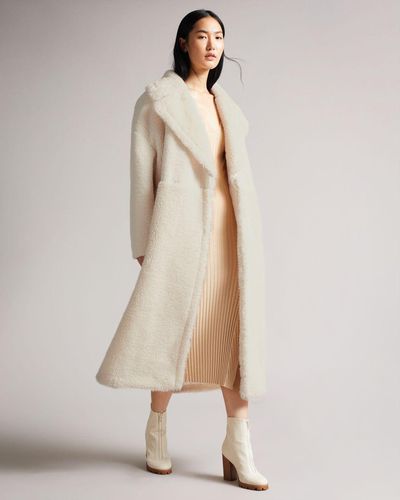 Ted Baker Longline Faux Fur Coat in Natural | Lyst