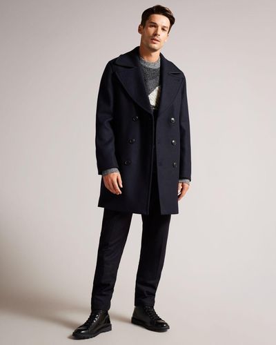 Ted Baker Peacoat With Faux Leather Trim - Blue