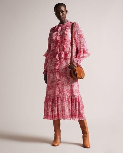 Ted Baker Ruffle Detail Midi Shirt Dress - Pink