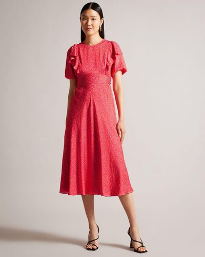 Ted Baker Geometric Floral Puff Sleeve Midaxi Dress - Red