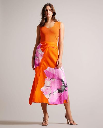 Ted Baker Floral Asymmetric Twist Slip Skirt - Pink
