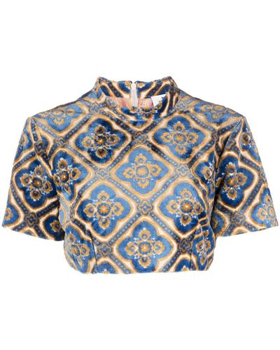 Etro Embroidered Denim Crop Top In Blue