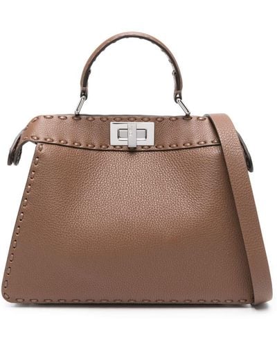 Fendi Small Peekaboo Leather Tote Bag - Brown