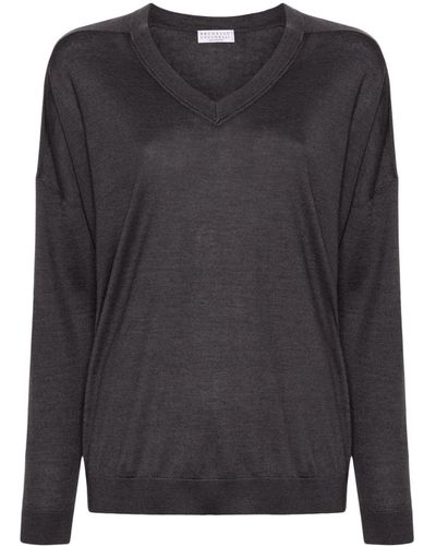 Brunello Cucinelli Cashmere And Silk Blend V-necked Sweater - Black