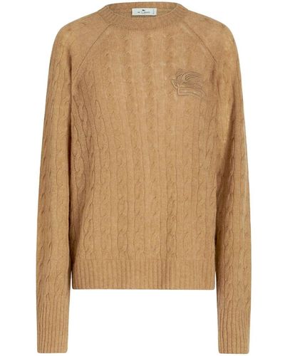 Etro Cable Knit Sweater With Embroidered Logo - Natural