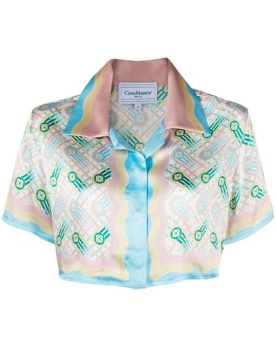 Casablancabrand Printed Silk Cropped Shirt - Blue