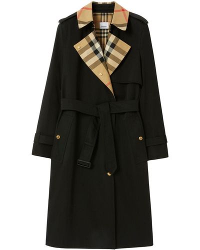 Burberry Long Check Collar Gabardine Trench Coat - Black