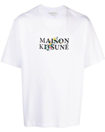Maison Kitsuné T Shirt Oversize Con Logo Flowers - Bianco