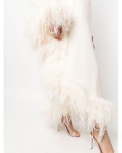 ‎Taller Marmo Ubud One-Shoulder Feather-Trimmed Crepe Maxi Dress - Natural