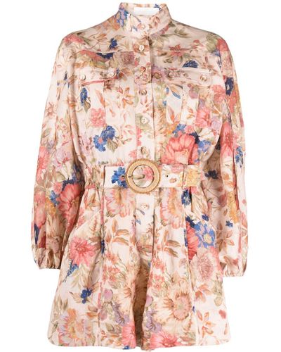 Zimmermann Floral Print Belted Linen Short Playsuit - Pink