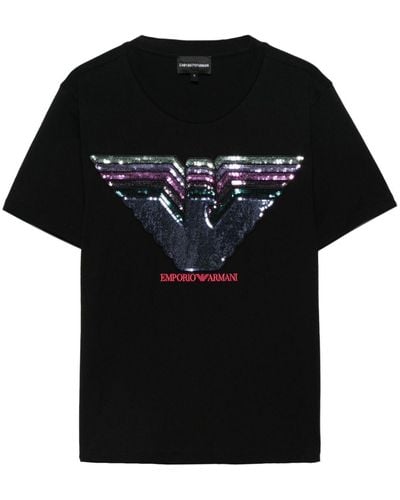 Emporio Armani Sequin-logo Organic-cotton T-shirt - Black