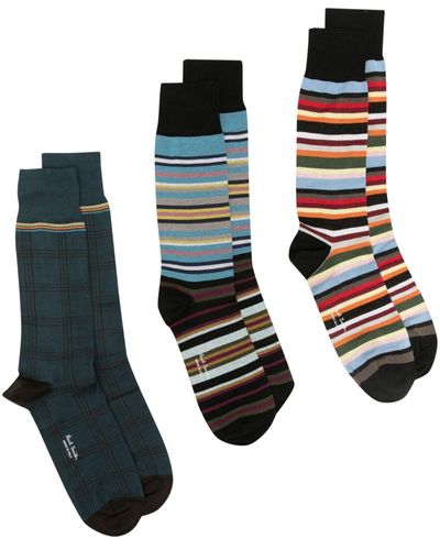 Paul Smith Stripe-pattern Organic Cotton-blend Socks (pack Of Three) - Black