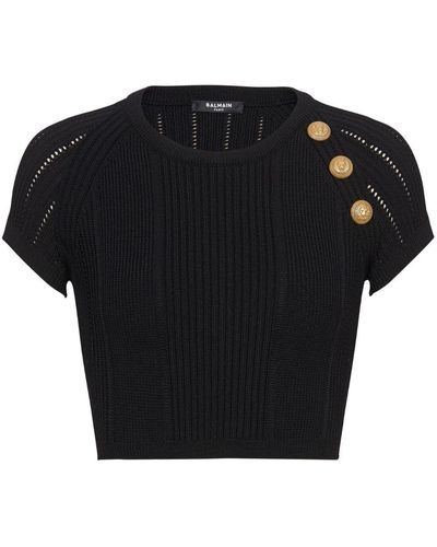 Balmain Knitted Cropped Top - Black